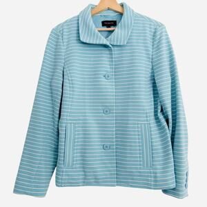 TALBOTS Button Front Nautical Stripe Woven Jacket Powder Blue Coastal Preppy L
